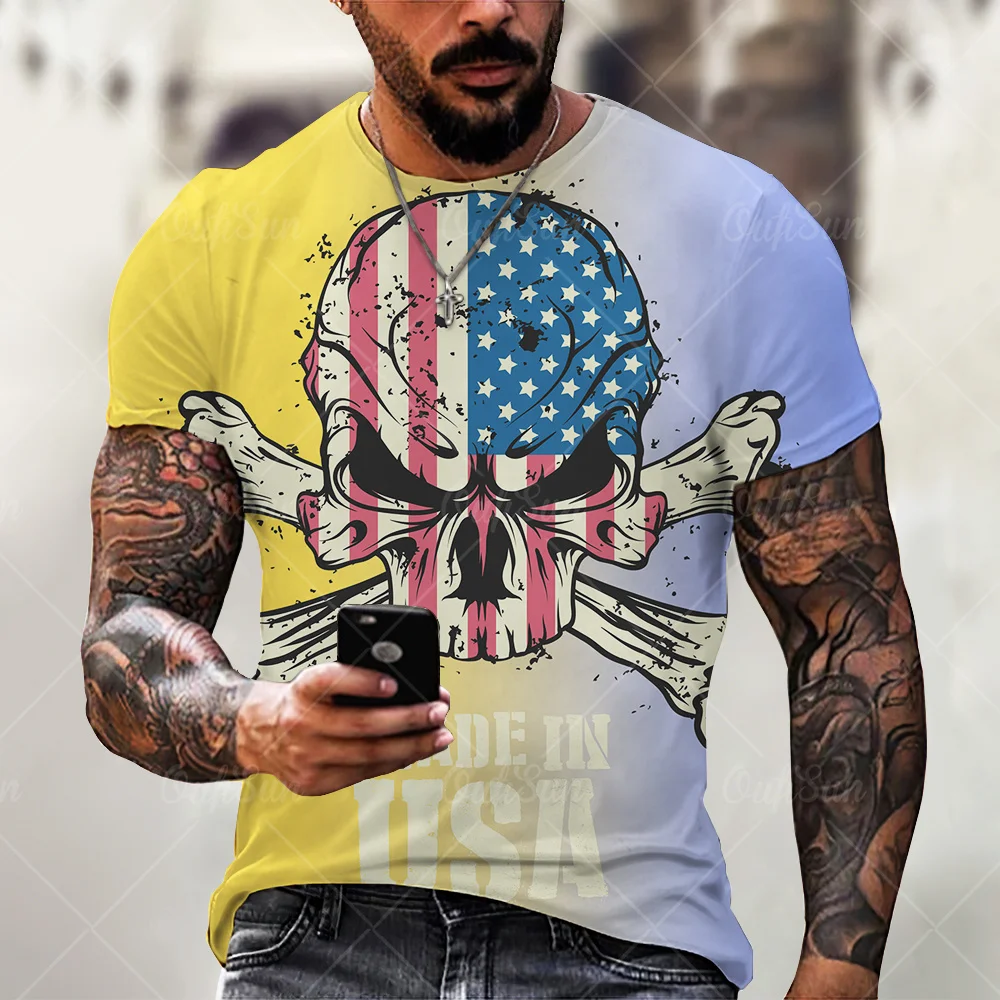 

Fashion 3D Printing Magician Skull Male/Female T-shirt American Flag Skeleton Pattern Street Personality Loose Oversized Top 6XL