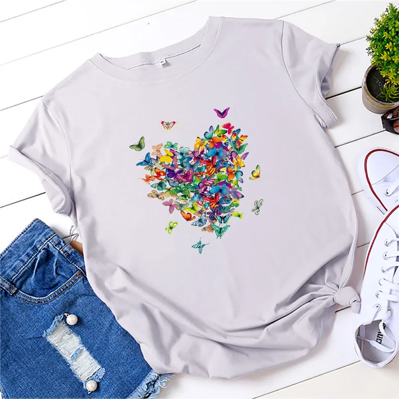 

Summer Woman TShirts Butterfly Print T-Shirt 100%Cotton O Neck Short Sleeve T Shirt Plus Size Top Tee Fashion Mujer Camisetas