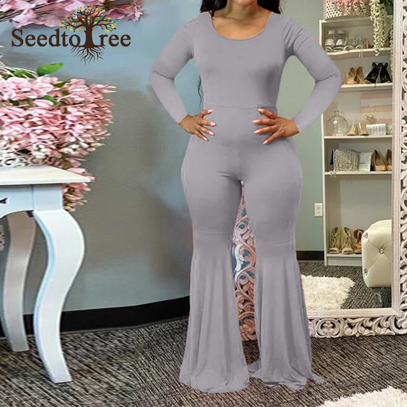 

Solid Long Sleeve Casual Flare Rompers Womens Jumpsuits High Waist Slim Autumn Overalls Jumpsuit