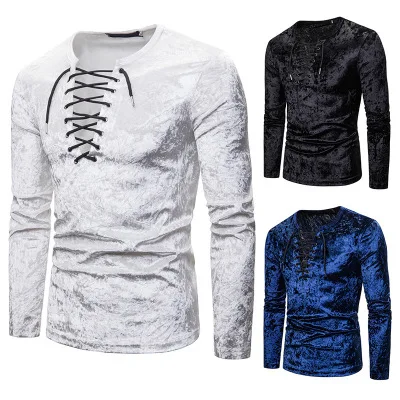 

New men's diamond velvet Ou code loose lace long-sleeved T-shirt