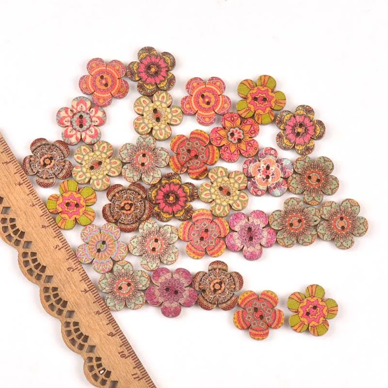 

100PCS Flower Shape Painting Wooden Buttons Scrapbooking Sewing Clothes Photos DIY Decorations Cute Wood Buttons 20mm,25mm