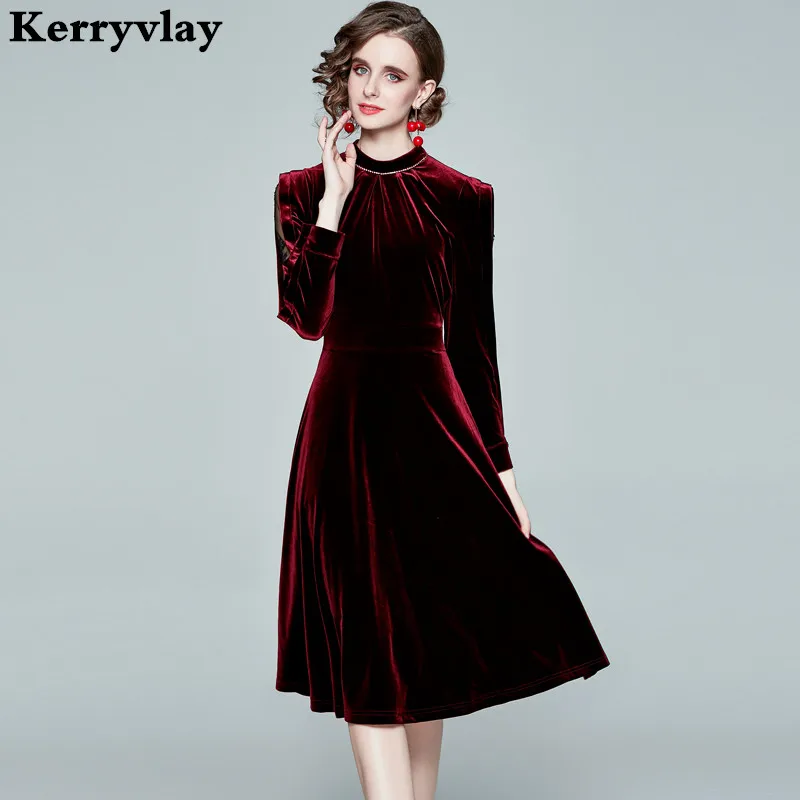 

Winter Wine Red Velvet Long Sleeve Midi Party Birthday Women Dress Vestidos Invierno 2021 Mujer Ropa Mujer Talla Grande K8231