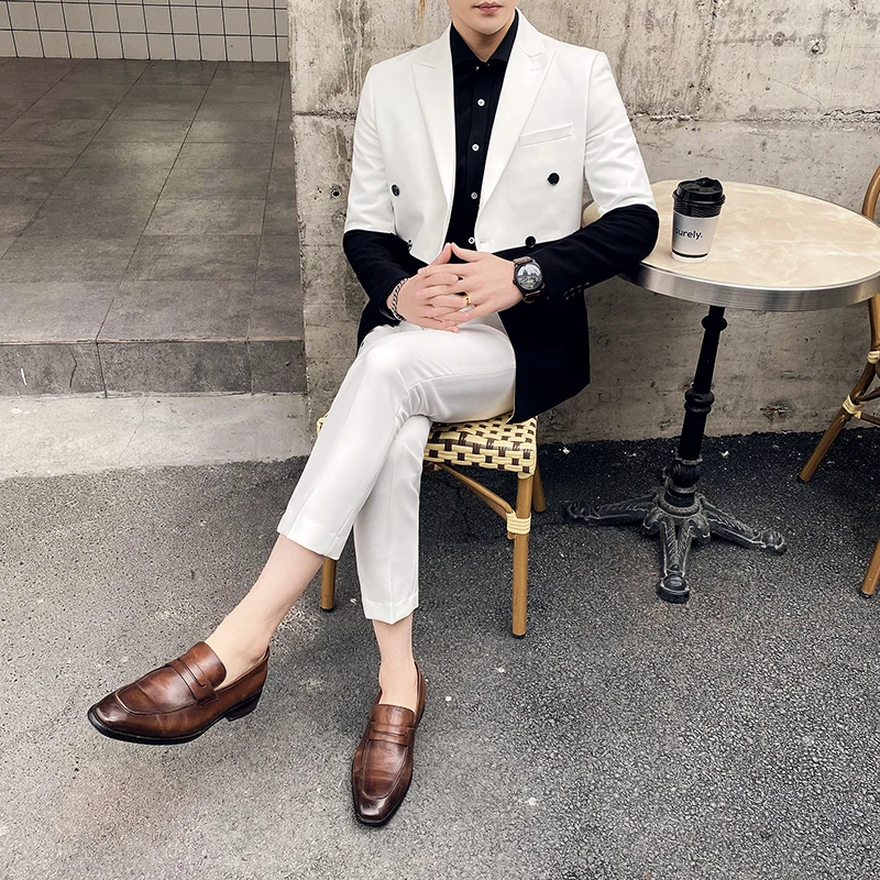 white Blazer and pan Traje Novio, мужские вечерние костюмы контрастных цветов, мужские костюмы для сцены, приталенные костюмы, брюки для выпускного, двубортный костюм, мужской костюм - Цвет: white Blazer and pan