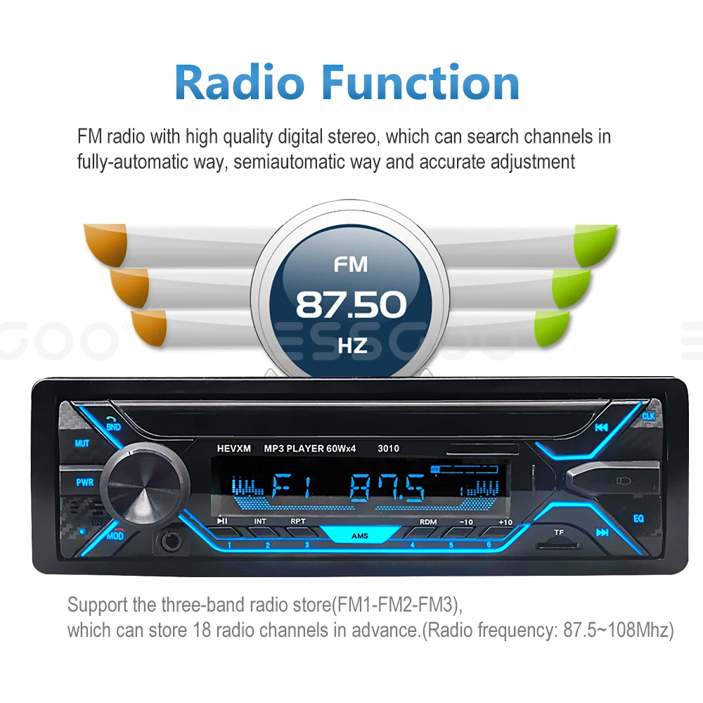 Фото Автомагнитола ESSGOO 1 Din, Bluetooth-радио, Автомобильный MP3-плеер 4x60 Вт, поддержка FM, AUX, TF, 7 цветов, изменение звука, воспроизведение музыки №4