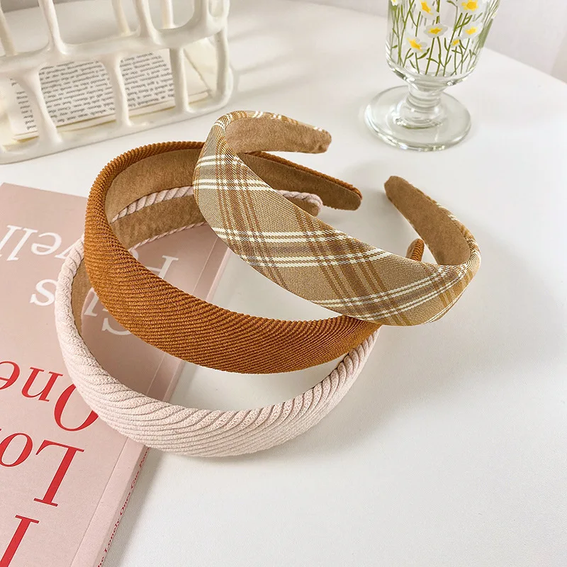 

New Fashion Bezel Girls Headband Cloth Wide-brimmed Plaid/Solid Color Hairband Vintage Soft Elastic Hair Accessories for Women