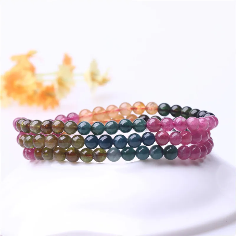 

Natural Tourmaline Round Bead Multi-loop Elastic Bracelet Aura Energy Gem Jewelry Women's Lucky Stone Bead Healing Bracelet