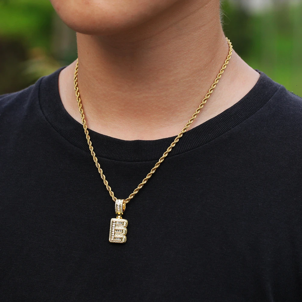 

UWIN Iced English Initials Small Baguette Letters Necklace Pendant With Rope Chains Fashion Hiphop Men Women Jewelry