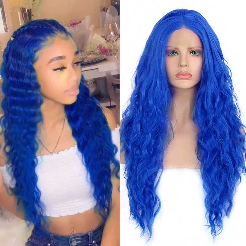 

Charisma Blue wigs Long Curly Wig Middle Part Synthetic Wigs for Women Synthetic Lace Front Wig for Women