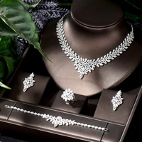 hibride beautiful 4pcs cz necklace and earring sets for women leaf design fashion jewelry set bridal wedding accessories n 1111
