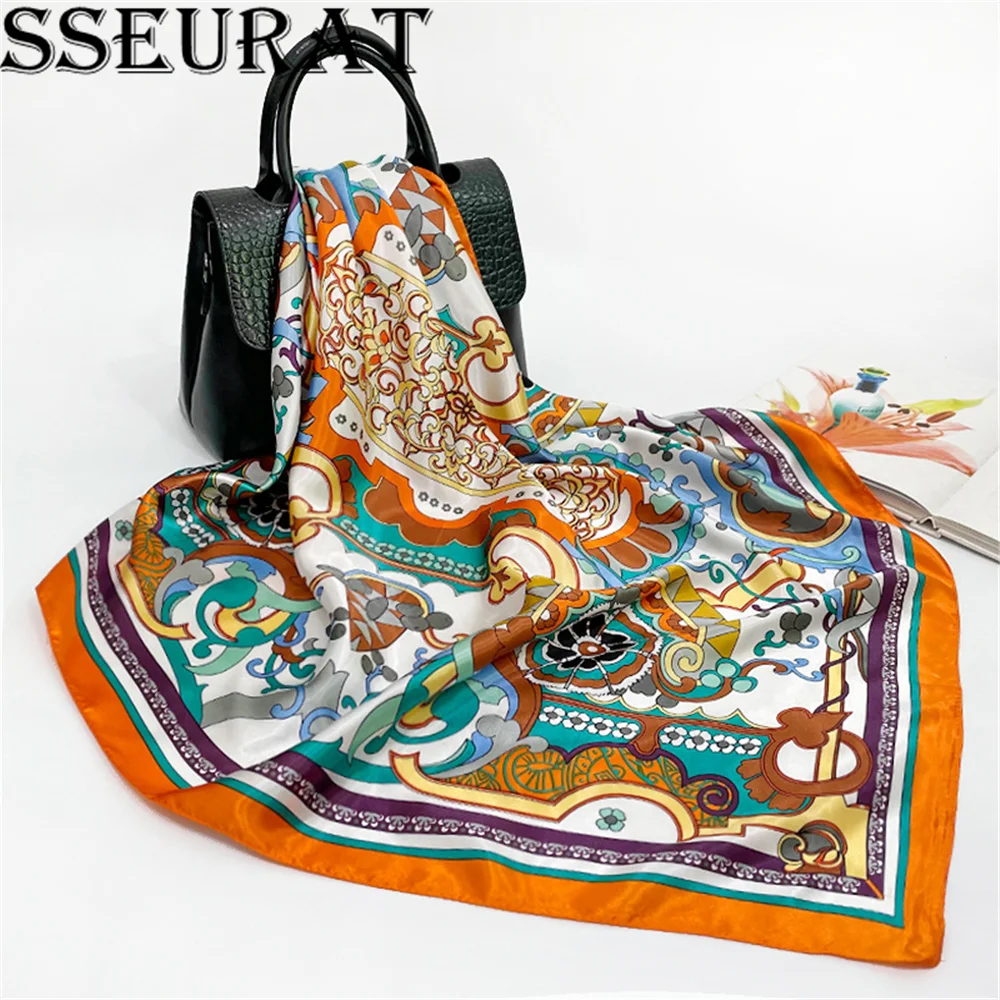 

SSEURAT Fashion Scarf For Women Print Silk Satin Hair Scarfs Kerchief 90*90cm Square Neckerchief Headband Scarves For Ladies