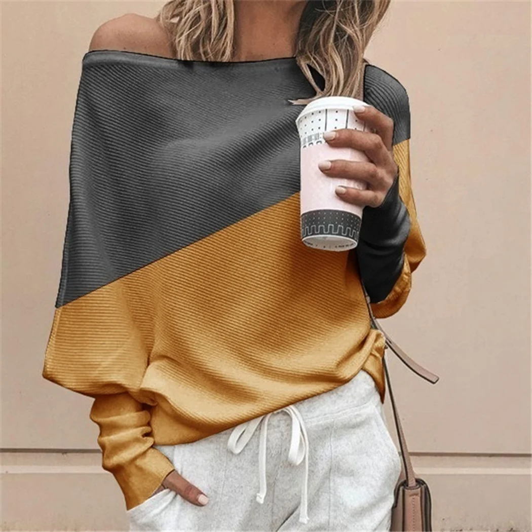 Plus Size Women Batwing Sleeve Sweater Autumn Off Shoulder Knitted Sweaters Pullover Tops Ladies Patchwork Loose Jumper Knitwear | Женская