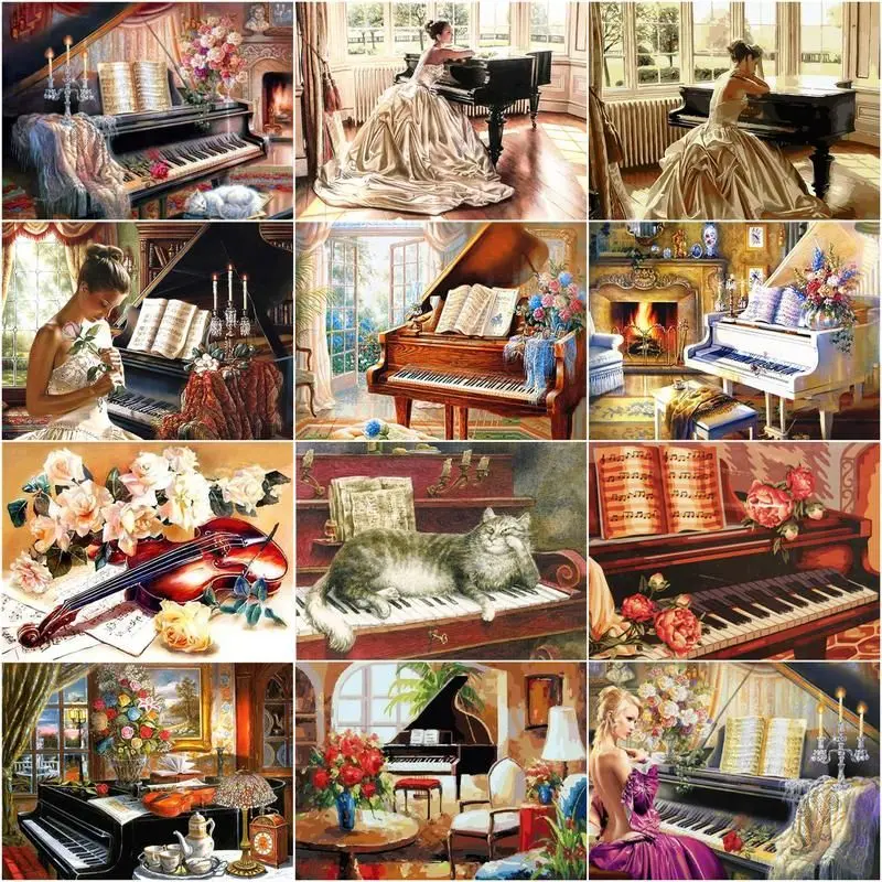 

CHENISTORY DIY Frame Picture By Numbers Piano Girl Drawing Canvas Kits For Adults Children Oil Paint Figure Kits Home Decor Art