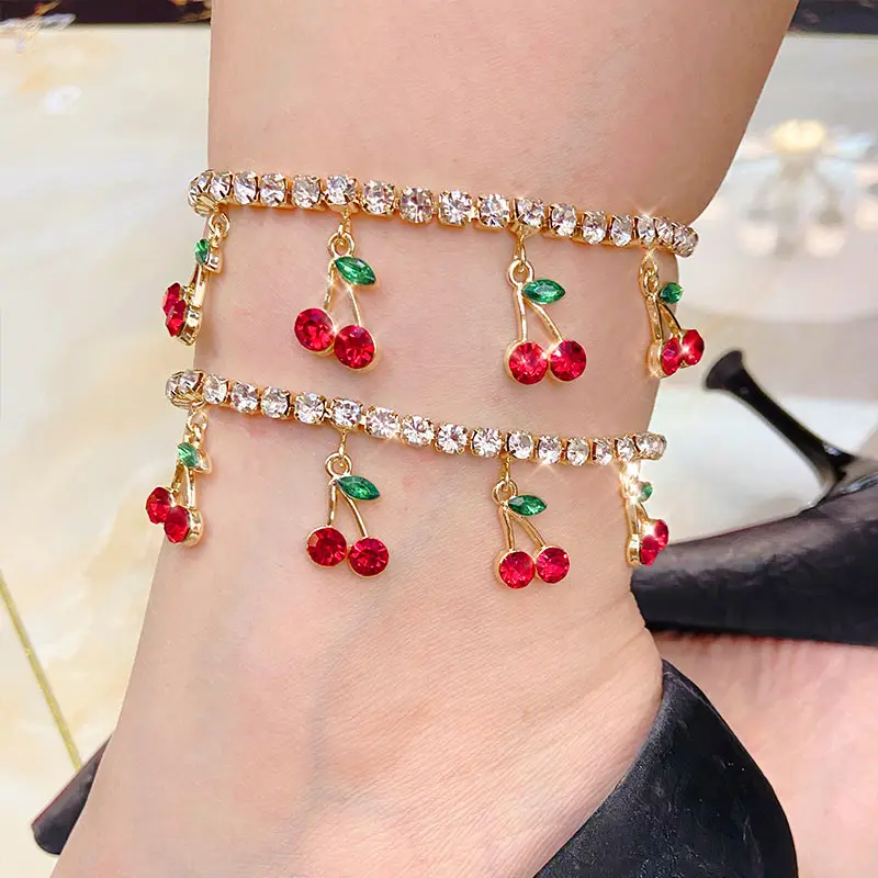

Flatfoosie Korean Cute Red Cherry Crystal Anklet for Women Shiny Tennis Chain Anklet Summer Beach Foot Bracelets Female Jewelry