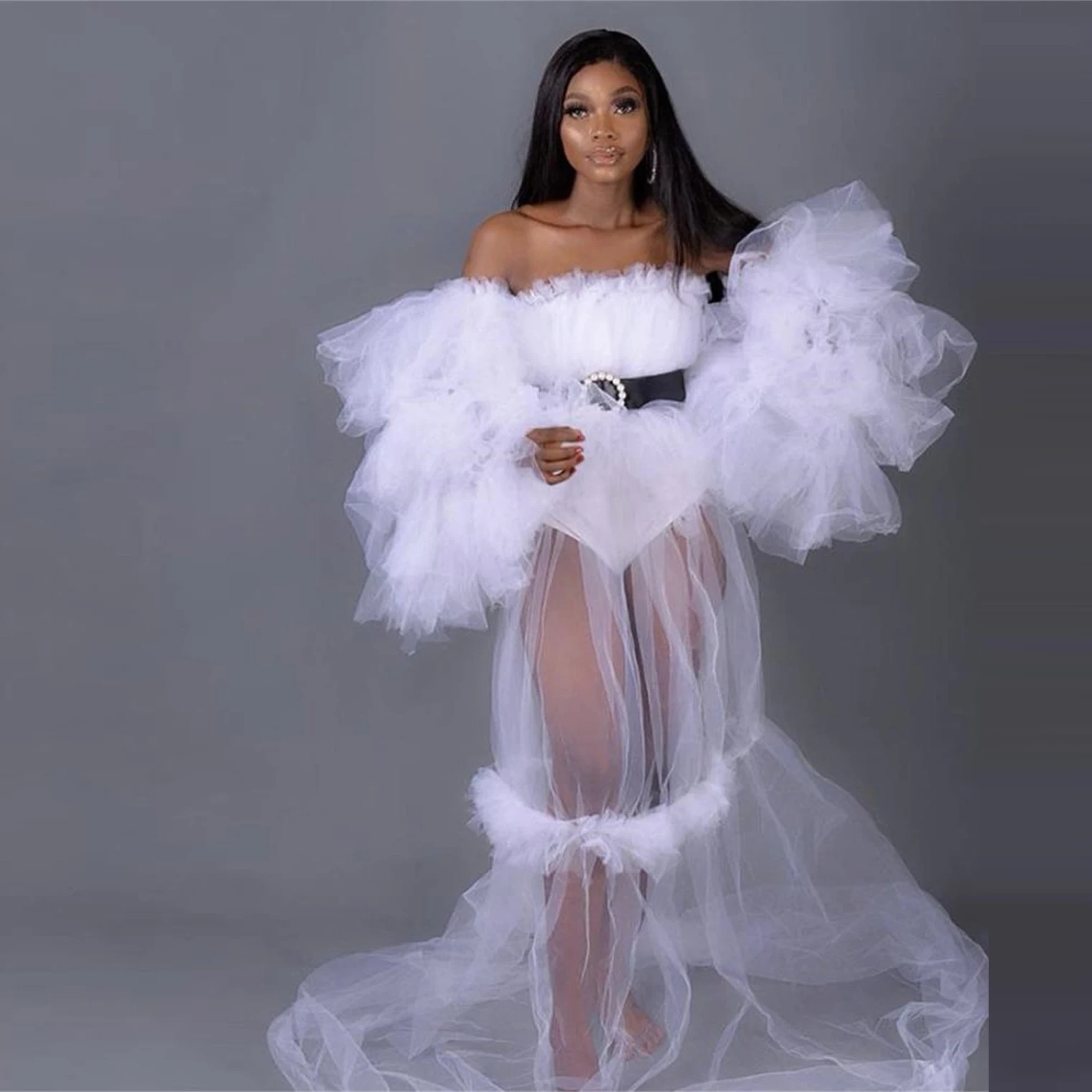 

Платье для беременных с открытыми плечами, прозрачное, Тюлевое