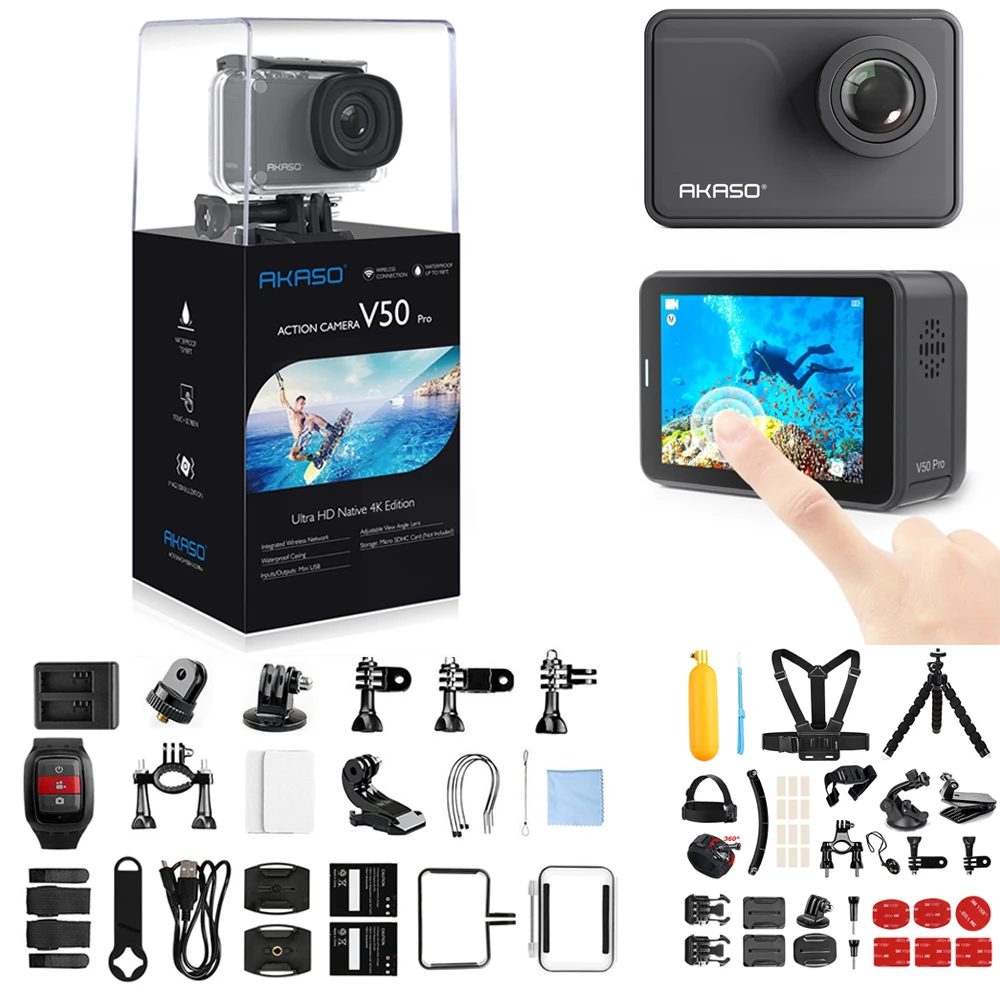 With 14 in 1 AKASO V50 PRO 4K 30fps 20MP wifi Экшн-камера с сенсорным экраном ELS, уличная спортивная камера с углом обзора 30 м, водонепроницаемая камера - Цвет: With 14 in 1