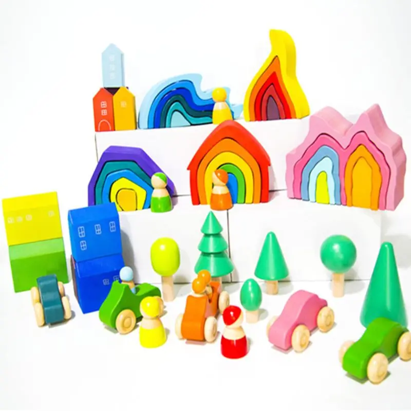 

Kids Wooden Rainbow Building Blocks Coral Hand-Eye Educational Toys Birthday Gifts