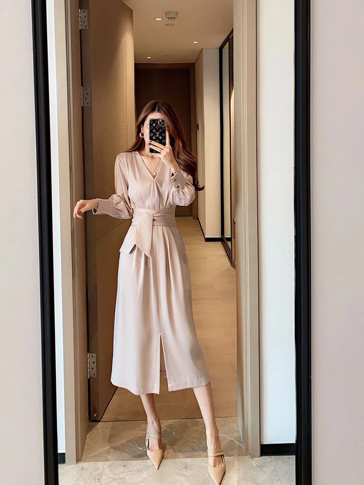 

Women Autumn Long Sleeve Office Lady Elegant Lace Up Solid Bandage Party Dress Femme Vestidos