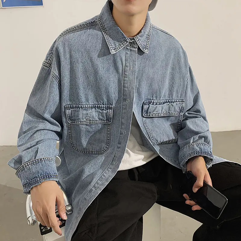 

Spring Korean Denim Jacket Men's Fashion Retro Pocket Denim Jackets Mens Streetwear Korean Loose Hip-hop Bomber Jacket Men M-2XL