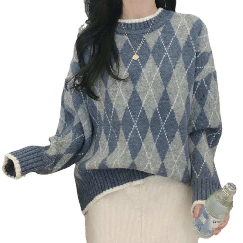 

Новинка Ранняя осень корейский Модный пуловер в стиле ретро ленивый свитер свободный ромбовидный клетчатый женский свитер