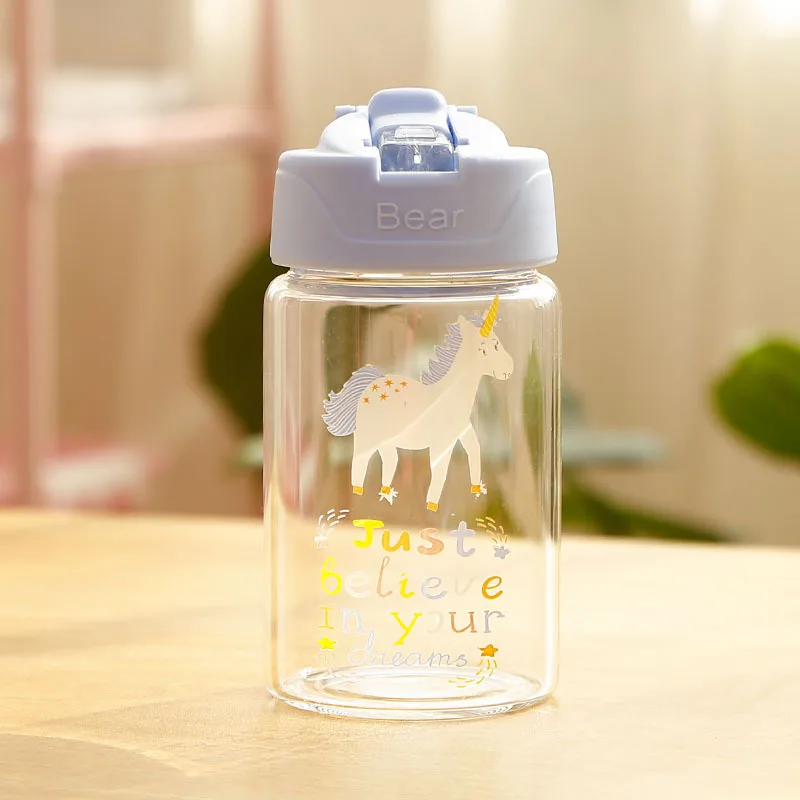 300ml Green Стеклянная бутылка для воды с единорогом для детей с соломинкой и откидной крышкой для девочек Герметичная Бутылка для путешествий BPA Бесплатно 300 мл, 400 мл - Цвет: 300ml Green