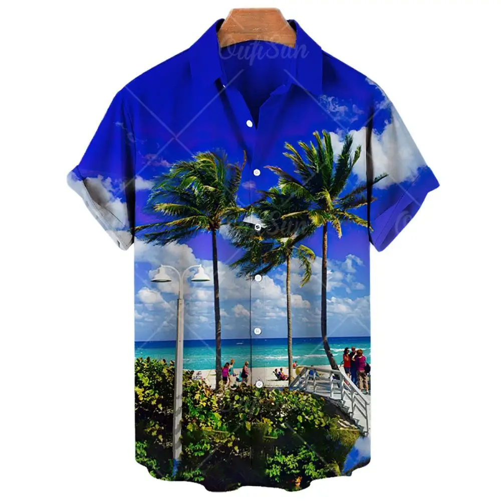 

Men's 3D Coconut Tree Print Shirt, Hawaiian Casual Style Loose Shirt, Men's Short Sleeve Shirt, Summer Beach Loose Top