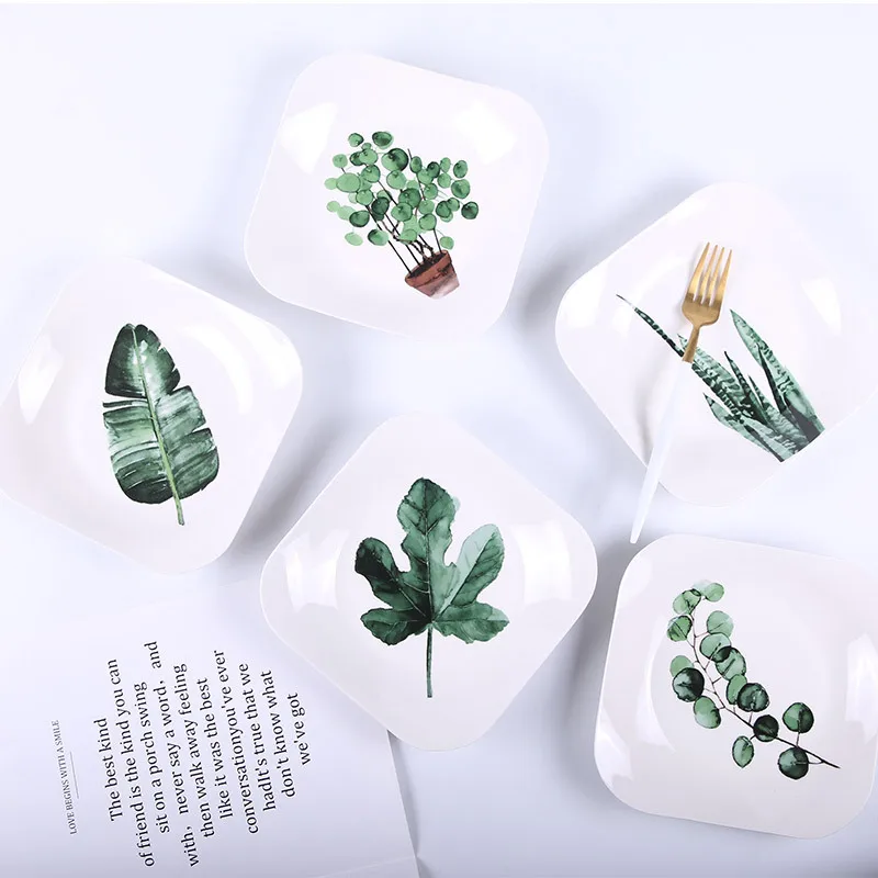 

Kitchen Restaurant Plates Set Green Plant Ceramic Tableware Creative Square Plate Home Western Steak Fruit Dinner Plate Platos