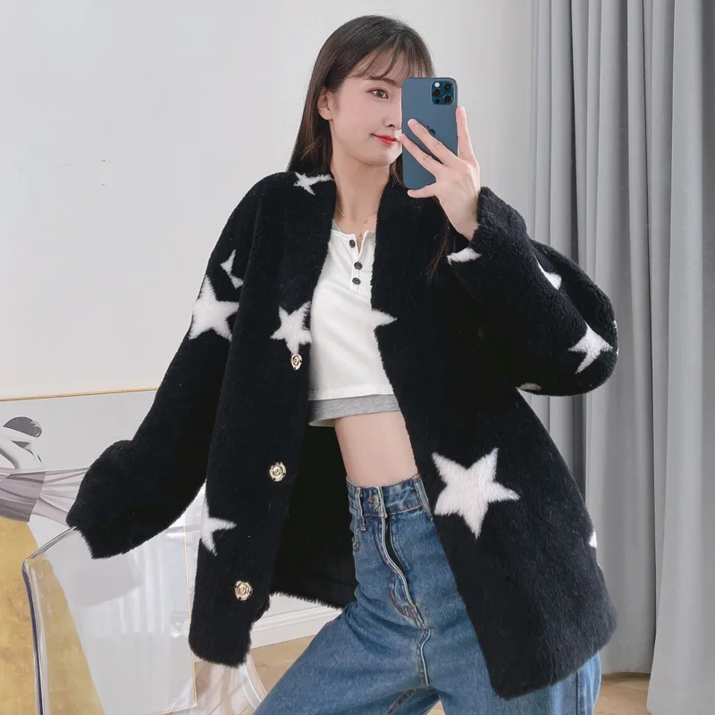 

2021 New lamb wool wool woven fur one piece fur lady star girl sheep sheared coat