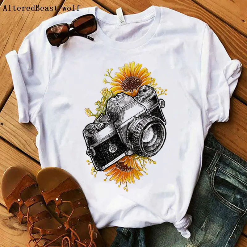 

Shoot the Sunflowers T Shirt Women Fashion Print Aesthetic Short Sleeve T-shirt 2020 Female Casual Harajuku Tee Tops Clothes