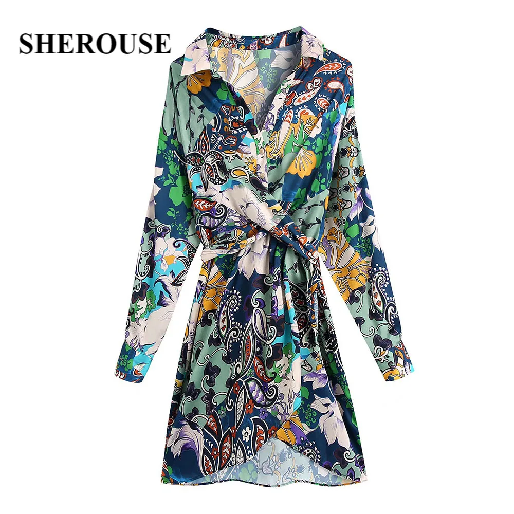 

Sherouse Fashion Women Floral Printed Dress Gathered Detail V-neckline Long Cuff Sleeves Chic Lady Mini Short Dresses Woman