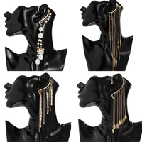 bohemian imitation pearls ear hook clip earrings jewelry for women luxury metal geometric rivets gold long tassels cuff earring