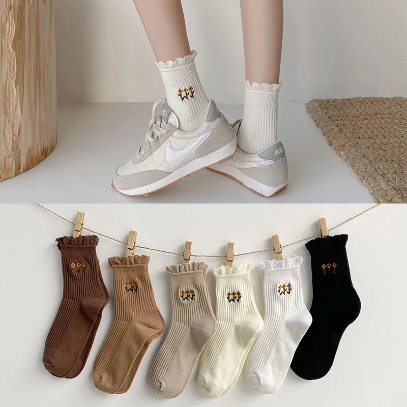 

Новый продукт женские носки без пятки кружева японские хлопковые носки студенческий стиль вышивка тренд; Маленькое платье с цветочным узор...