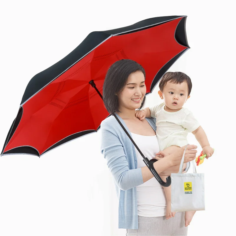 

Большой Ветрозащитный Зонт с длинной ручкой заднего вида, черный дождевой зонт, двухслойная защита от дождя для мужчин и женщин BK50YS