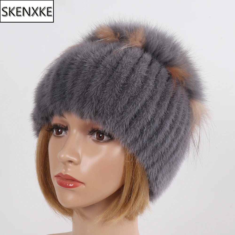 Женская шапка бомбер ручной вязки из натурального меха норки шапки лисьего