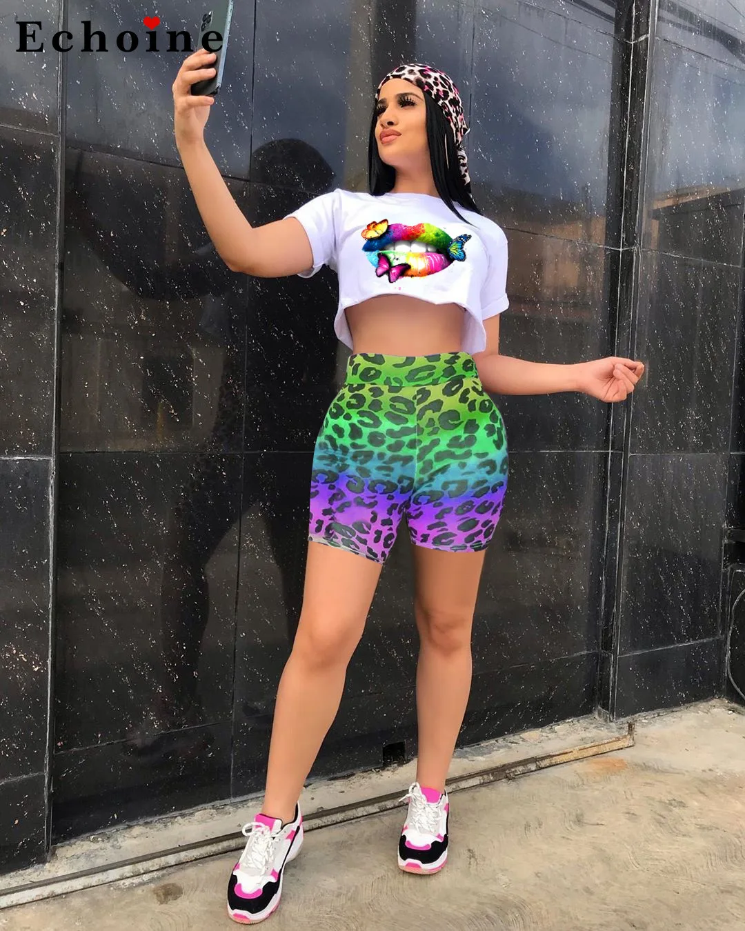 Женский Повседневный костюм с леопардовым принтом губ лоскутный укороченный топ