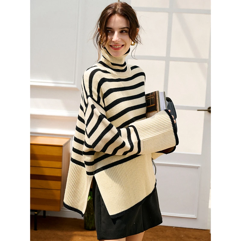 

Sweater Women Lazy Style 56% Wool Blended Knitted Turtleneck Long Sleeves 2 Colors High Quality Loose Pullover New Fashion