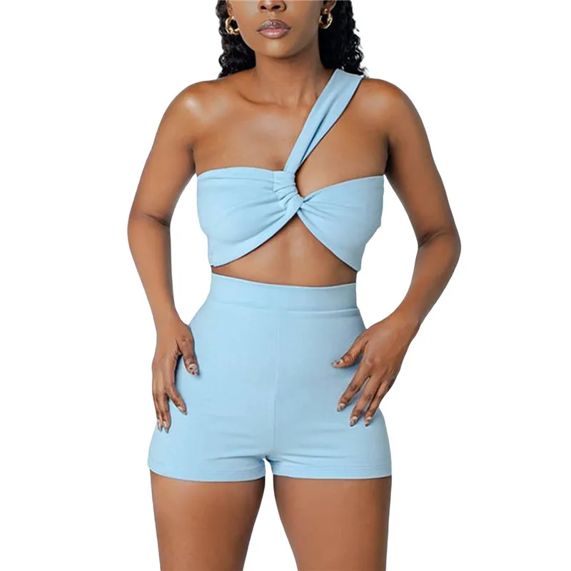 

Women’s Casual Clothes Two Piece Shorts Set Outfits Summer Solid Color One-shoulder Irregular Vest and Tight Shorts Tracksuit