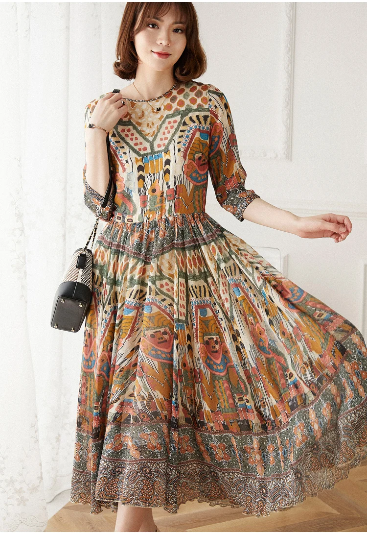 

New High end printed silk dress women's middle sleeve silk chiffon skirt A-line Fairy Dress