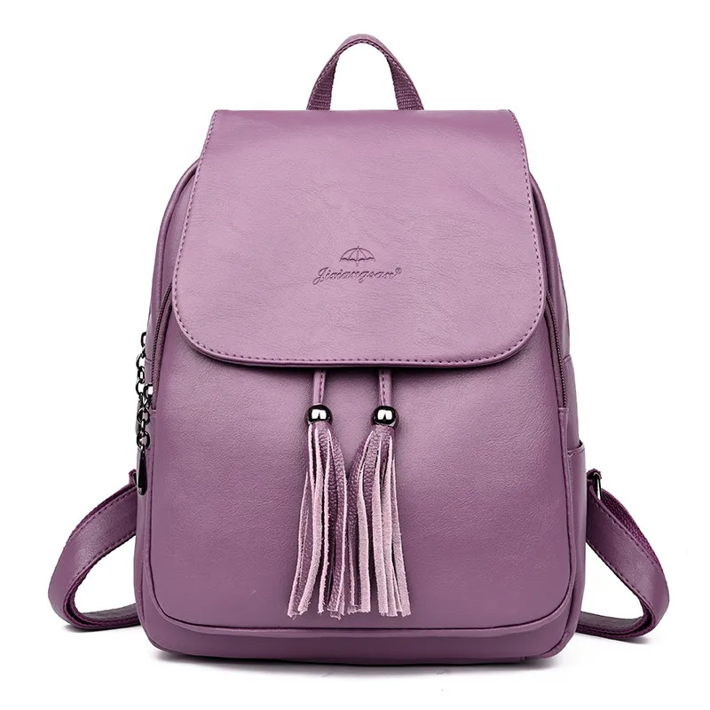PURPLE Рюкзак Mochila Mujer из натуральной кожи с кисточками, школьный рюкзак на плечо для женщин, рюкзак для девочек-подростков, рюкзак - Цвет: PURPLE