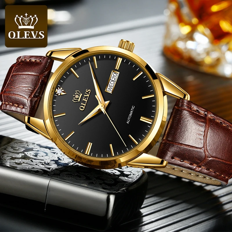 

OLEVS Brand Watch Mechanics for Men Casual Design Men's Automatic Watch Black Dial Gold Border Wristwatches relogio masculino
