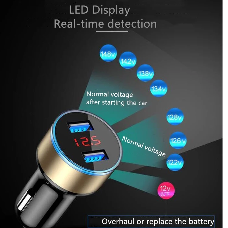 Car Digital Display Charger 3.1A With LED Universal Dual USB One Drag Two Cigarette Lighter Black / Gold Silver | Автомобили и
