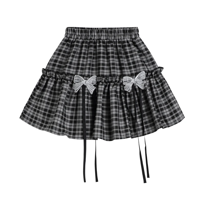 

Japanese Harajuku Kawaii Black White Plaid Cake Skirts Female Punk Lolita Bow Mini Skirt Summer 2021 Girls Cute Casual Skirts