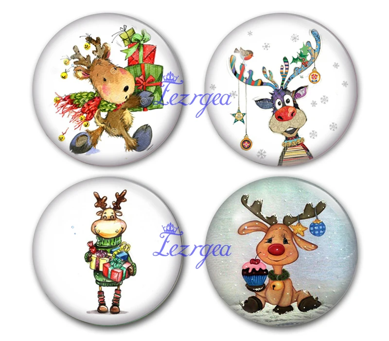 Стеклянные кабошоны Merry deers Мультяшные олени и веселые рождественские круглые