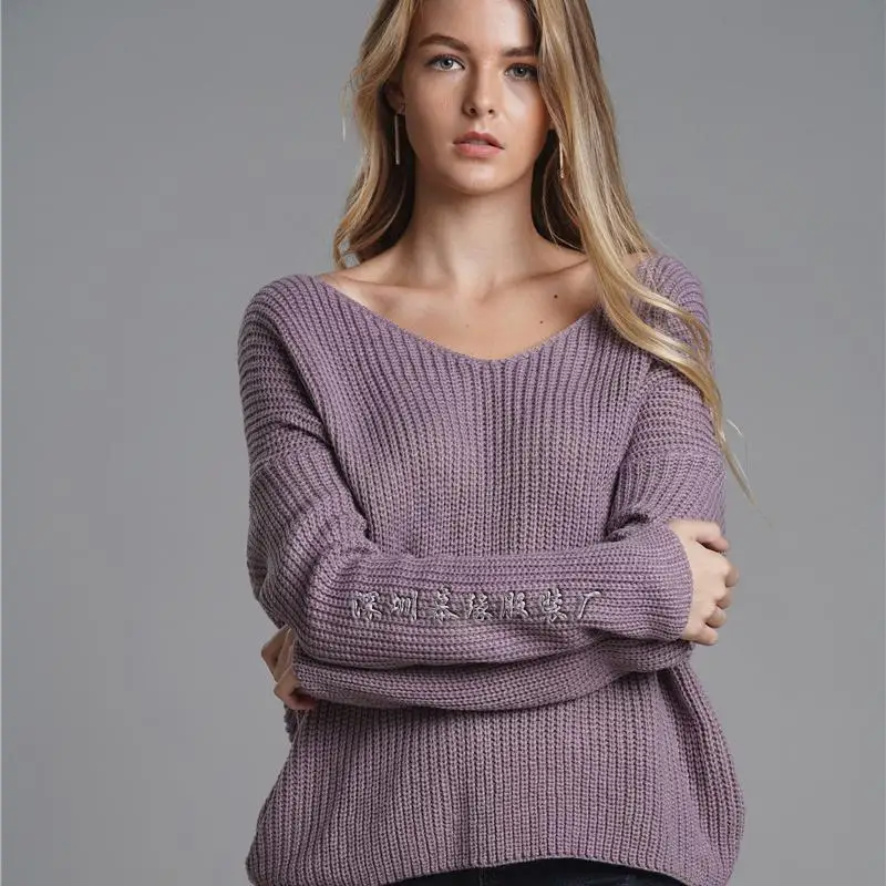 

Autumn Winter Women Pullovers Sweater Knitted Elasticity Casual Jumper Round Neck Backless Fashion Loose Warm Female Sweaters