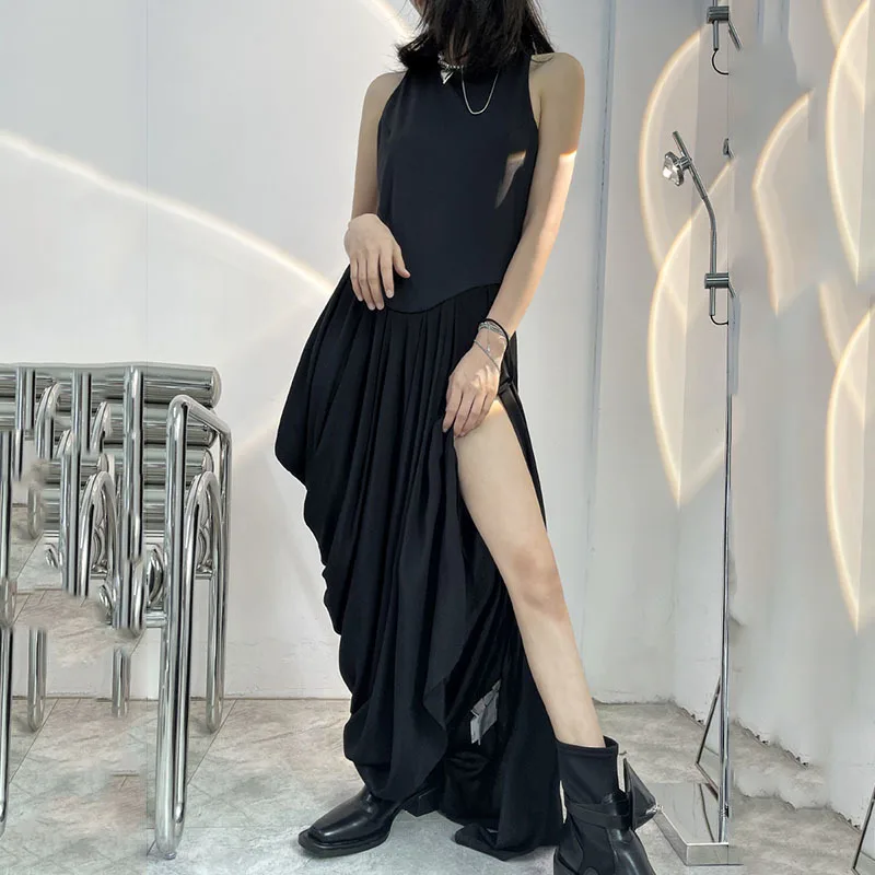 

DEAT 2021 New Spring Autumn Fashion Casual Temperament Taste Irregular Solid Color Sleeveless Round Neck Long Dress Women SL342