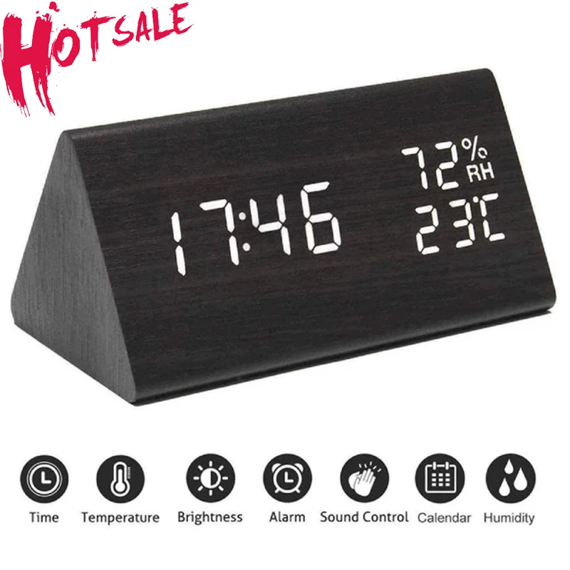 Светодиодный цифровые часы деревянные часы-будильник звук Управление