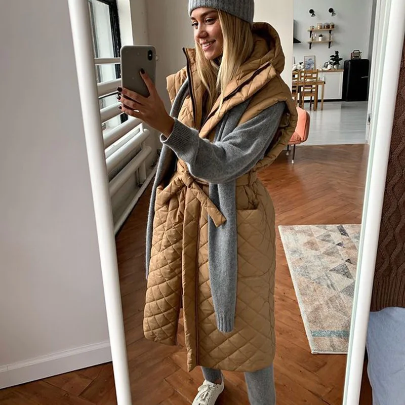 

RR Solid Hooded Vests Women Fashion Tie Belt Collected Waisted Argyle Coats Women Elegant Pockets Long Vests Female Ladies