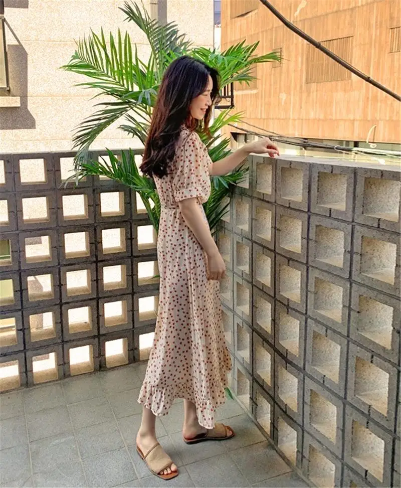 

Vintage Casual Ruffle V-Neck Floral Print Maxi Dress Women Summer Short Sleeve Daily Korean Chic Boho Vestido