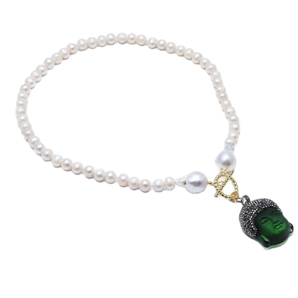

GuaiGuai ювелирные изделия пресноводный белый жемчуг Keshi жемчужное ожерелье зеленый кварц Cz паве подвеска Будды