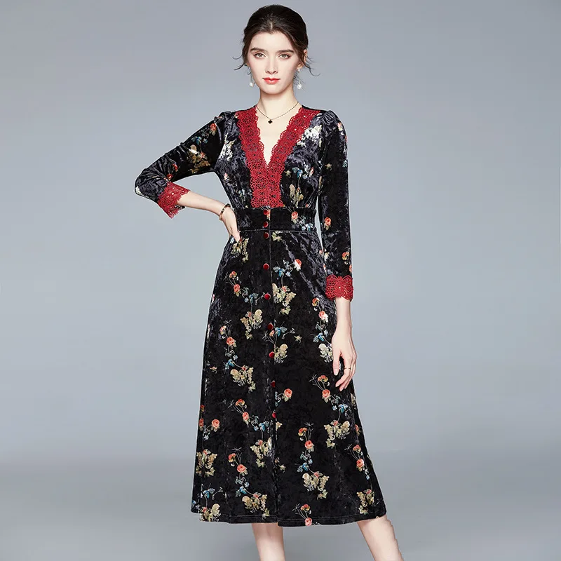 

European and American Autumn/Winter V-neckStitchingLong-sleevedFlannelette Dress