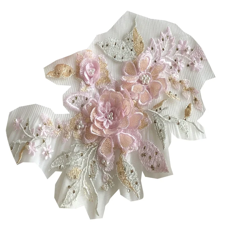 

NEW 3D beads pink flower mesh Embroidery lace fabric trim ribbon DIY sewing applique collar cloth craft wedding dress Accessory